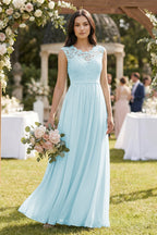 Robe demoiselle d’honneur bleu ciel longue sans manches à dentelle en mousseline - Harana