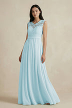 Robe demoiselle d’honneur bleu ciel longue sans manches à dentelle en mousseline - Harana