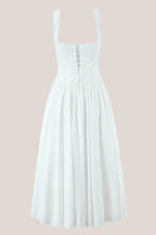 Robe blanche midi en dentelle et coton coupe trapèze avec corset - Harana