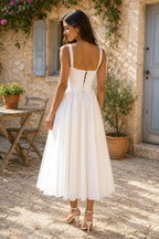 Robe blanche midi en dentelle et coton coupe trapèze avec corset - Harana