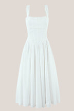 Robe blanche midi en dentelle et coton coupe trapèze avec corset - Harana