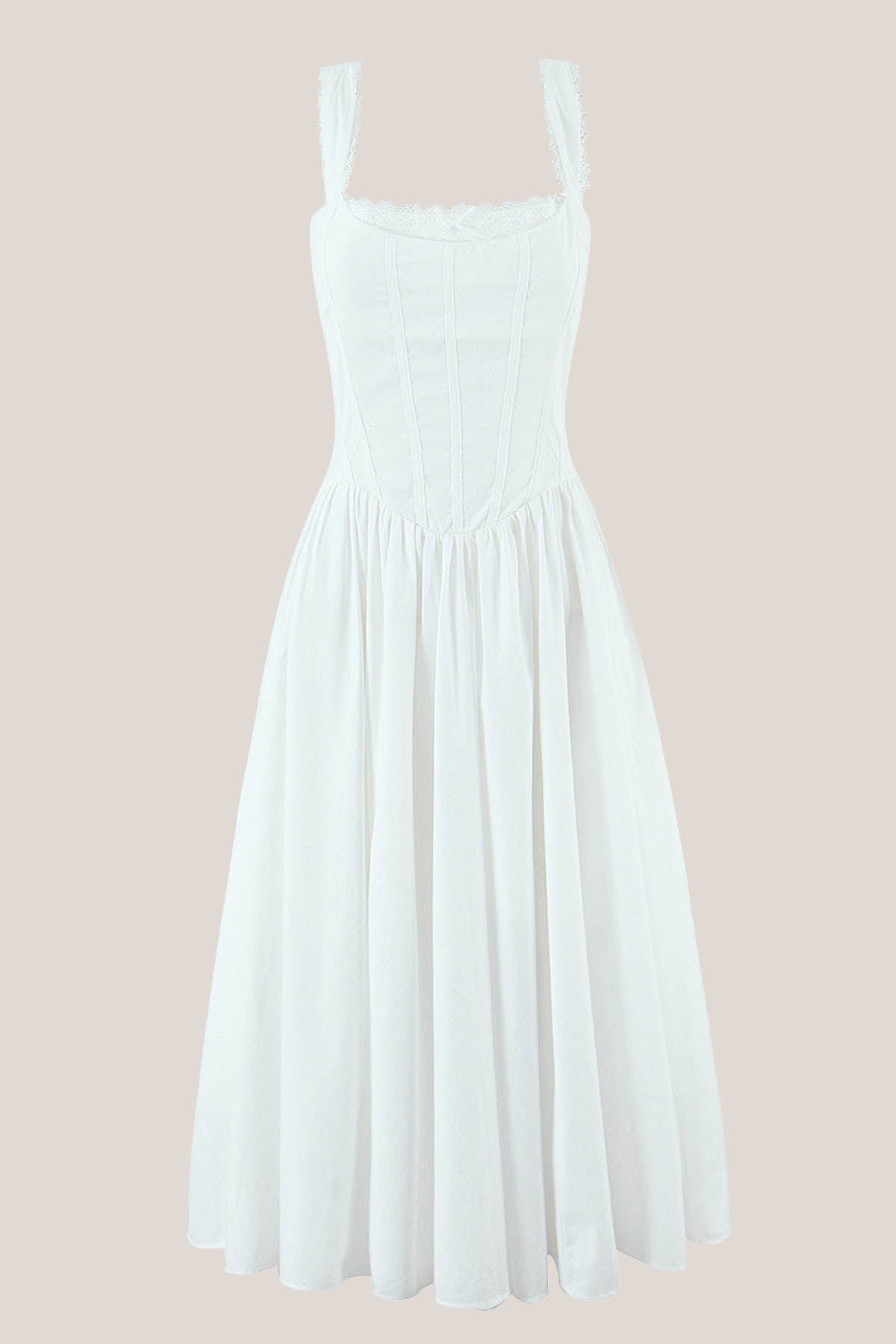 Robe blanche midi en dentelle et coton coupe trapèze avec corset - Harana