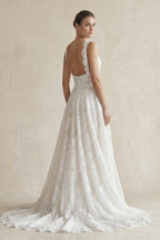 Robe de mariée blanche trapèze en dentelle à col V sans manches - Harana