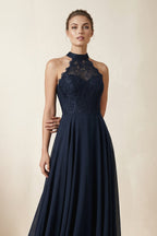 Robe demoiselle d’honneur bleu marine longue dos nu sans manches effet drapé - Harana