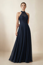 Robe demoiselle d’honneur bleu marine longue dos nu sans manches effet drapé - Harana