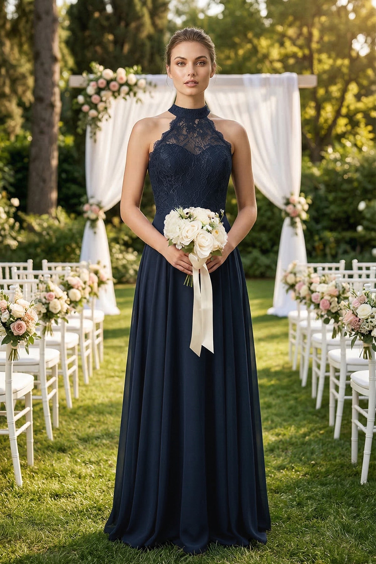 Robe demoiselle d’honneur bleu marine longue dos nu sans manches effet drapé - Harana