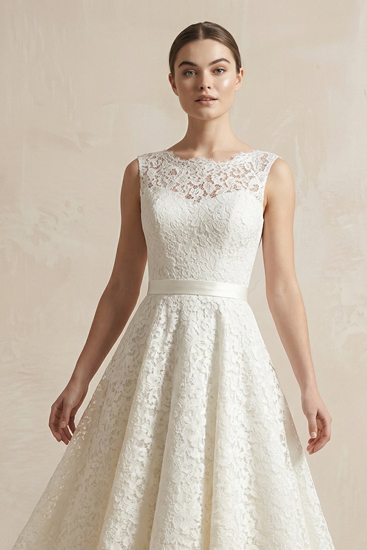 Robe de mariée blanche trapèze en dentelle sans manches à appliqués - Harana