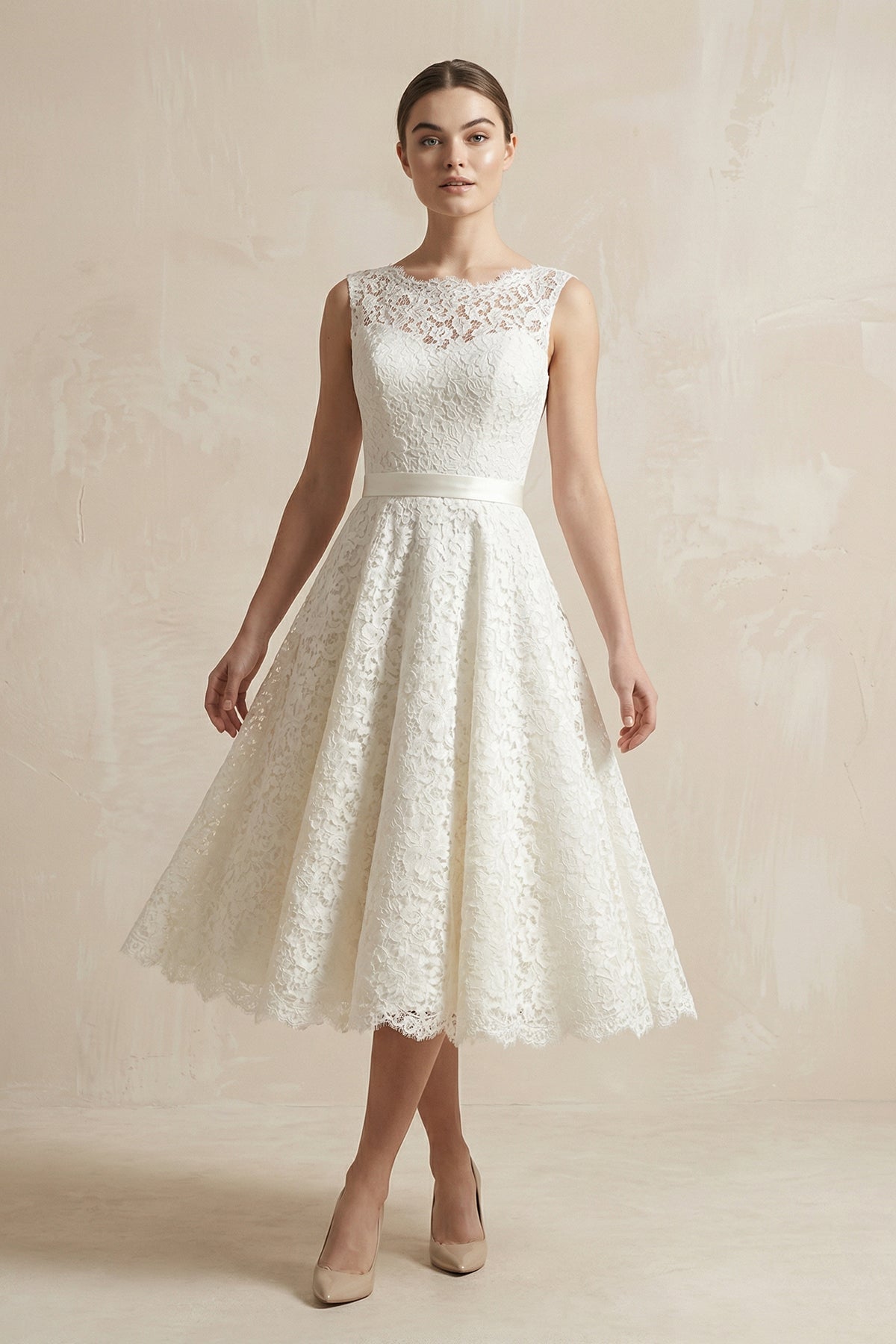 Robe de mariée blanche trapèze en dentelle sans manches à appliqués - Harana