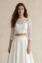 Robe de mariée blanche trapèze en satin manches longues effet illusion - Harana