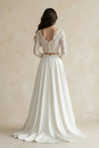 Robe de mariée blanche trapèze en satin manches longues effet illusion - Harana