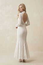 Robe de mariée ivoire midi en dentelle coupe sirène à col montant et manches longues - Harana
