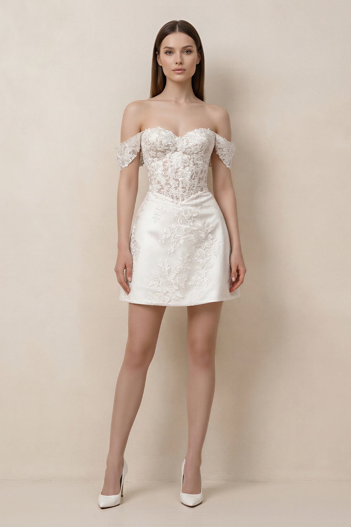 Robe de mariée blanche trapèze en dentelle à épaules dénudées à corset - Harana