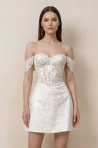 Robe de mariée blanche trapèze en dentelle à épaules dénudées à corset - Harana
