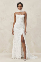 Robe de mariée blanche fourreau dentelle bustier à corset sans manches - Harana