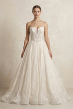 Robe de mariée ivoire trapèze en dentelle décolleté cœur sans manches - Harana