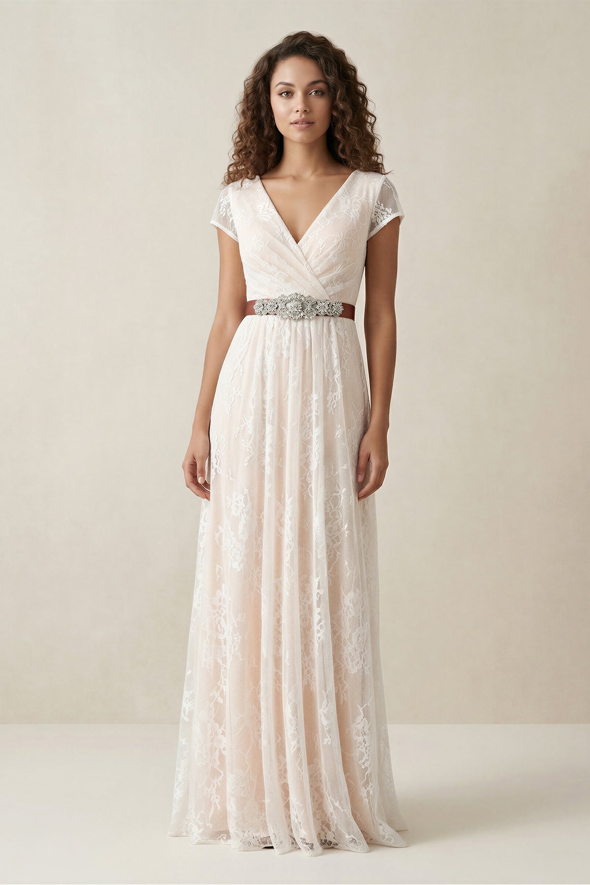 Robe de mariée ivoire trapèze en dentelle à col V manches courtes - Harana