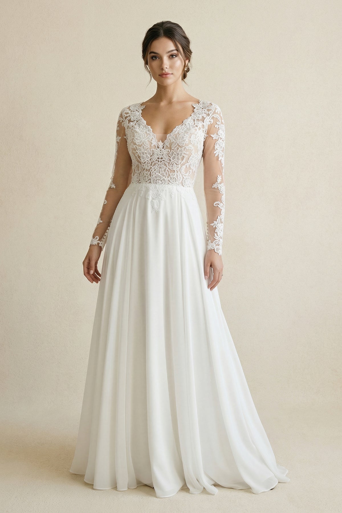 Robe de mariée blanche trapèze en mousseline à col V manches longues - Harana