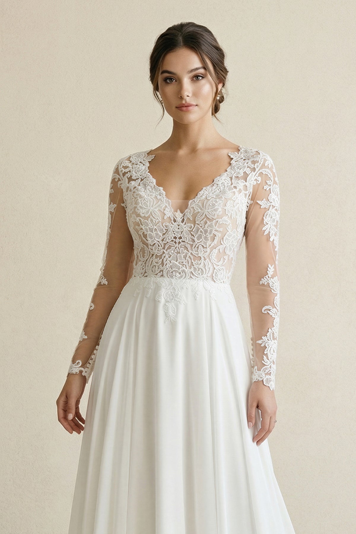 Robe de mariée blanche trapèze en mousseline à col V manches longues - Harana
