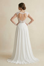 Robe de mariée blanche trapèze en mousseline à col V manches longues - Harana