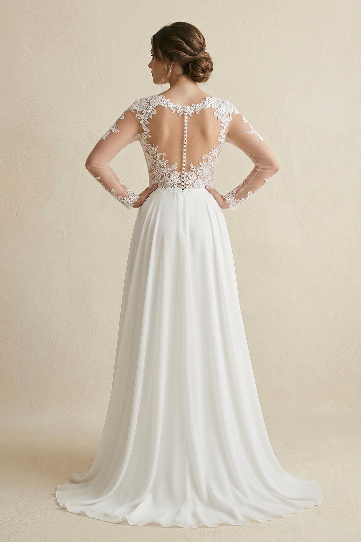 Robe de mariée blanche trapèze en mousseline à col V manches longues - Harana