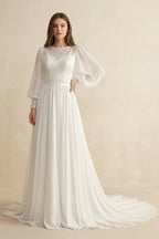 Robe de mariée ivoire trapèze en mousseline manches longues à appliqués - Harana