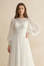 Robe de mariée ivoire trapèze en mousseline manches longues à appliqués - Harana