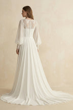 Robe de mariée ivoire trapèze en mousseline manches longues à appliqués - Harana
