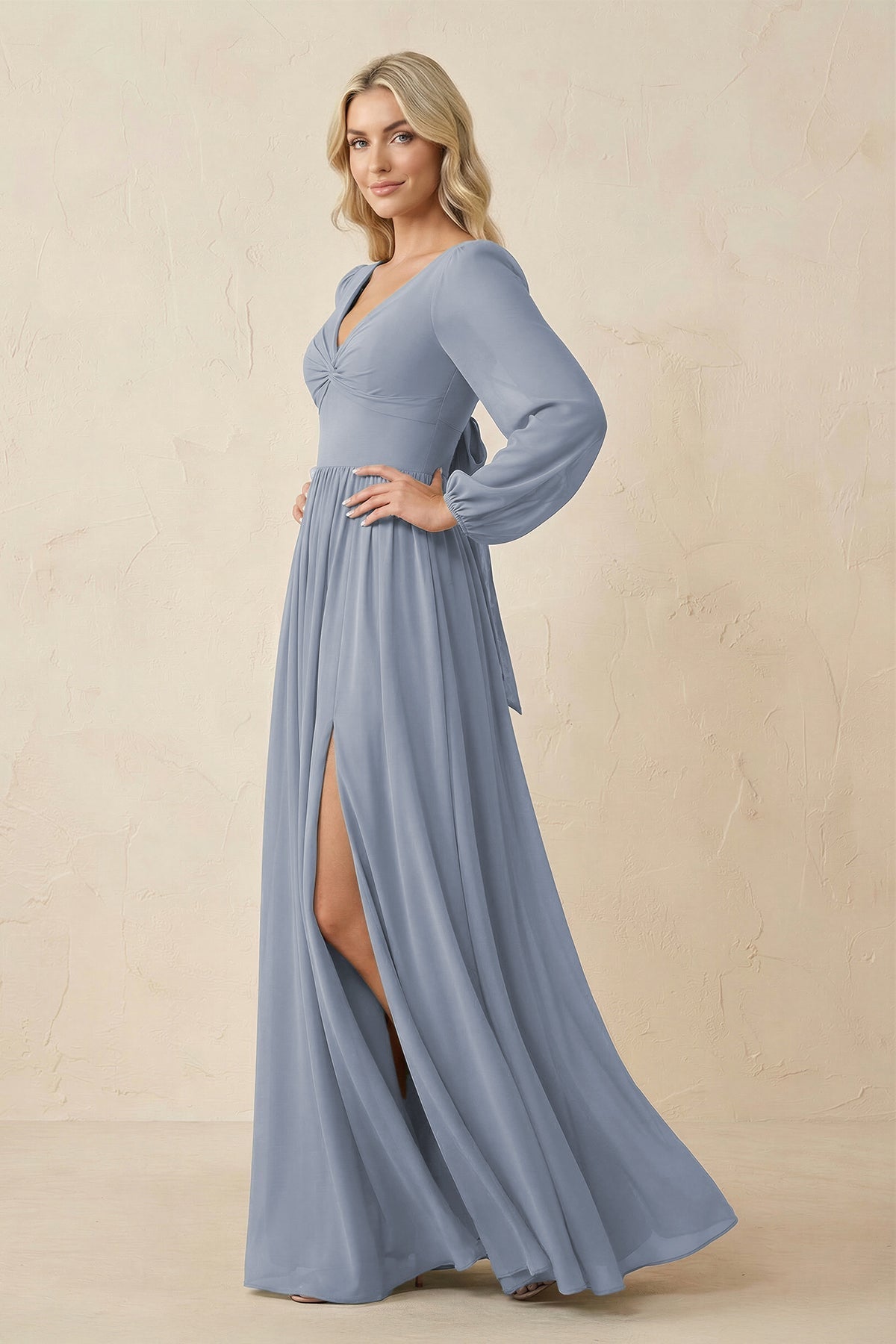 Robe demoiselle d’honneur twilight longue col V manches longues avec fente - Harana