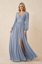 Robe demoiselle d’honneur twilight longue col V manches longues avec fente - Harana