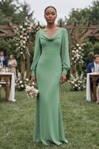 Robe demoiselle d’honneur vert d’eau longue col V manches longues froncée - Harana