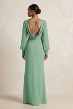 Robe demoiselle d’honneur vert d’eau longue col V manches longues froncée - Harana