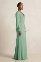 Robe demoiselle d’honneur vert d’eau longue col V manches longues froncée - Harana