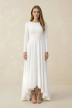 Robe de mariée blanche trapèze en satin manches longues - Harana
