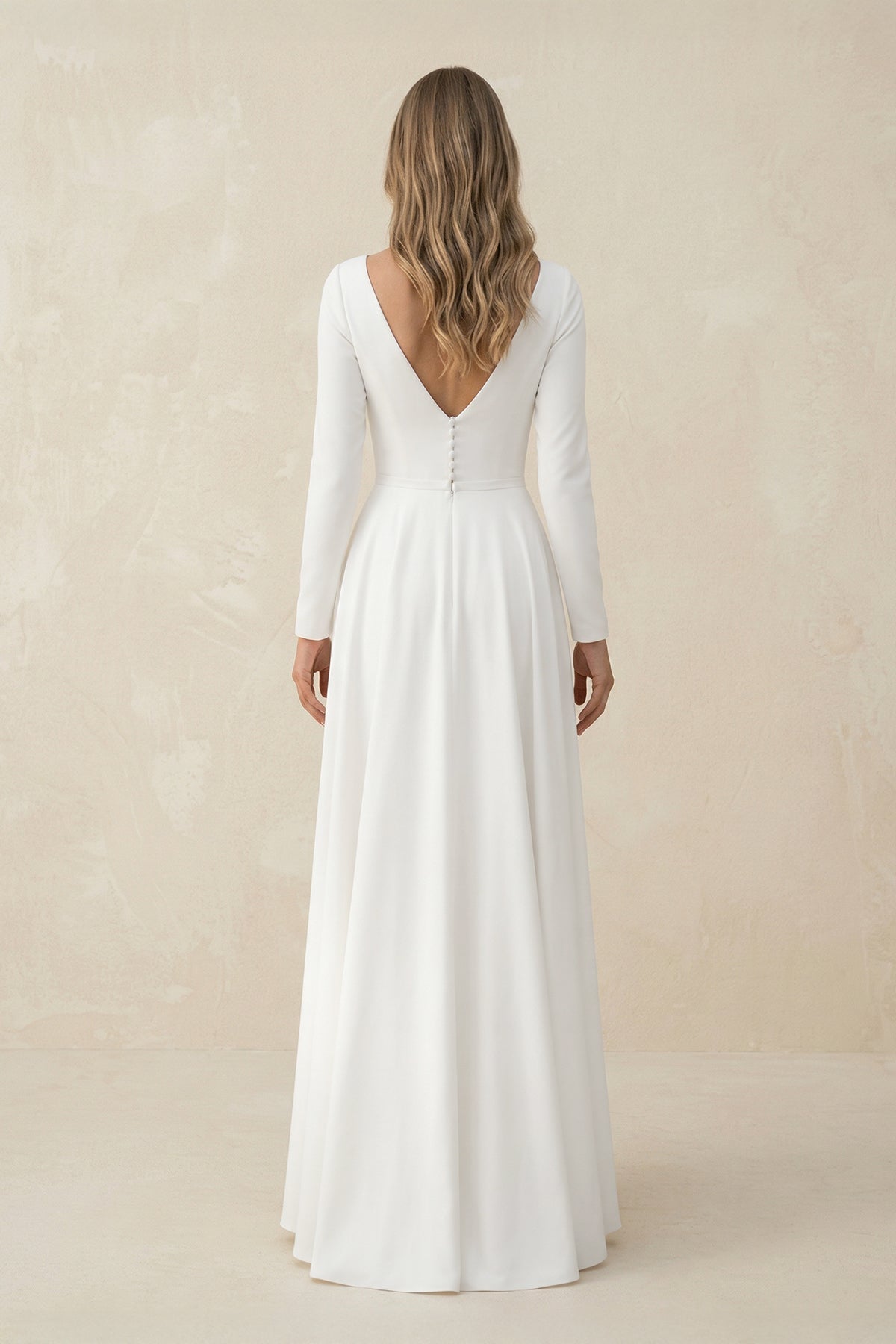 Robe de mariée blanche trapèze en satin manches longues - Harana