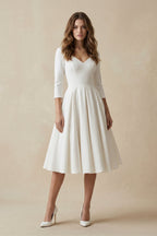 Robe de mariée blanche trapèze en satin à col V manches longues - Harana