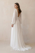 Robe de mariée blanche trapèze mousseline col V avec fente manches longues - Harana
