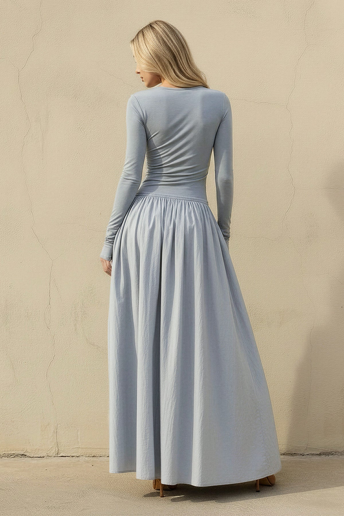 Robe longue bleu poudré effet drapé - Harana