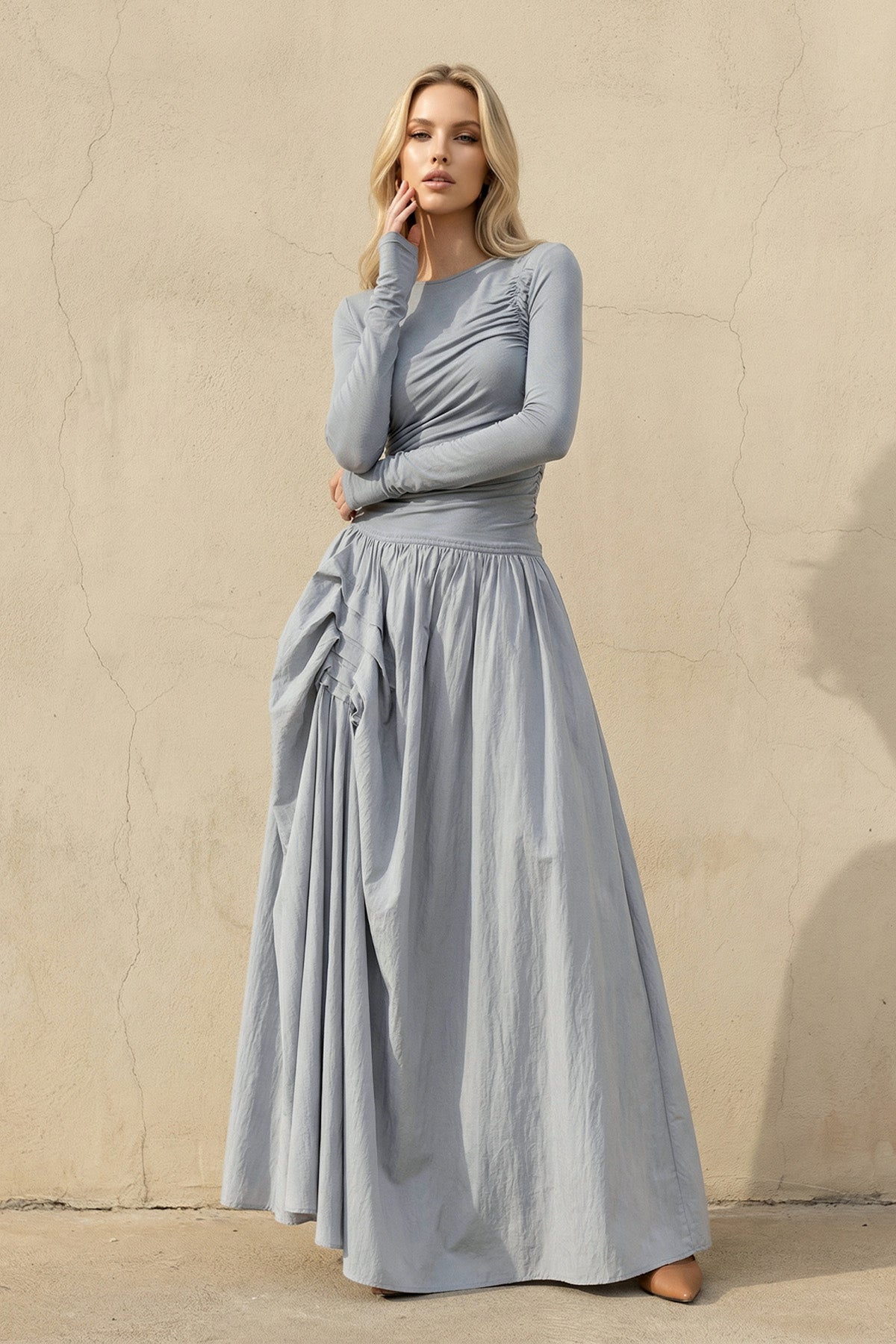 Robe longue bleu poudré effet drapé - Harana