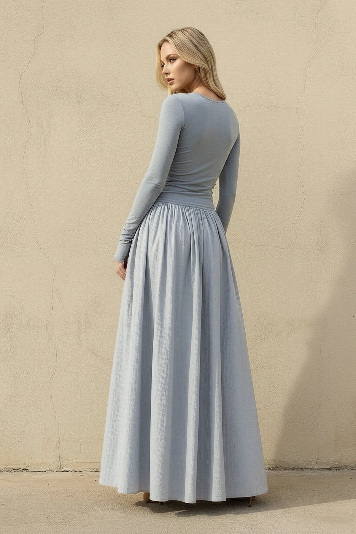 Robe longue bleu poudré effet drapé - Harana