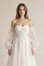 Robe de mariée blanche trapèze en tulle à épaules dénudées manches longues - Harana