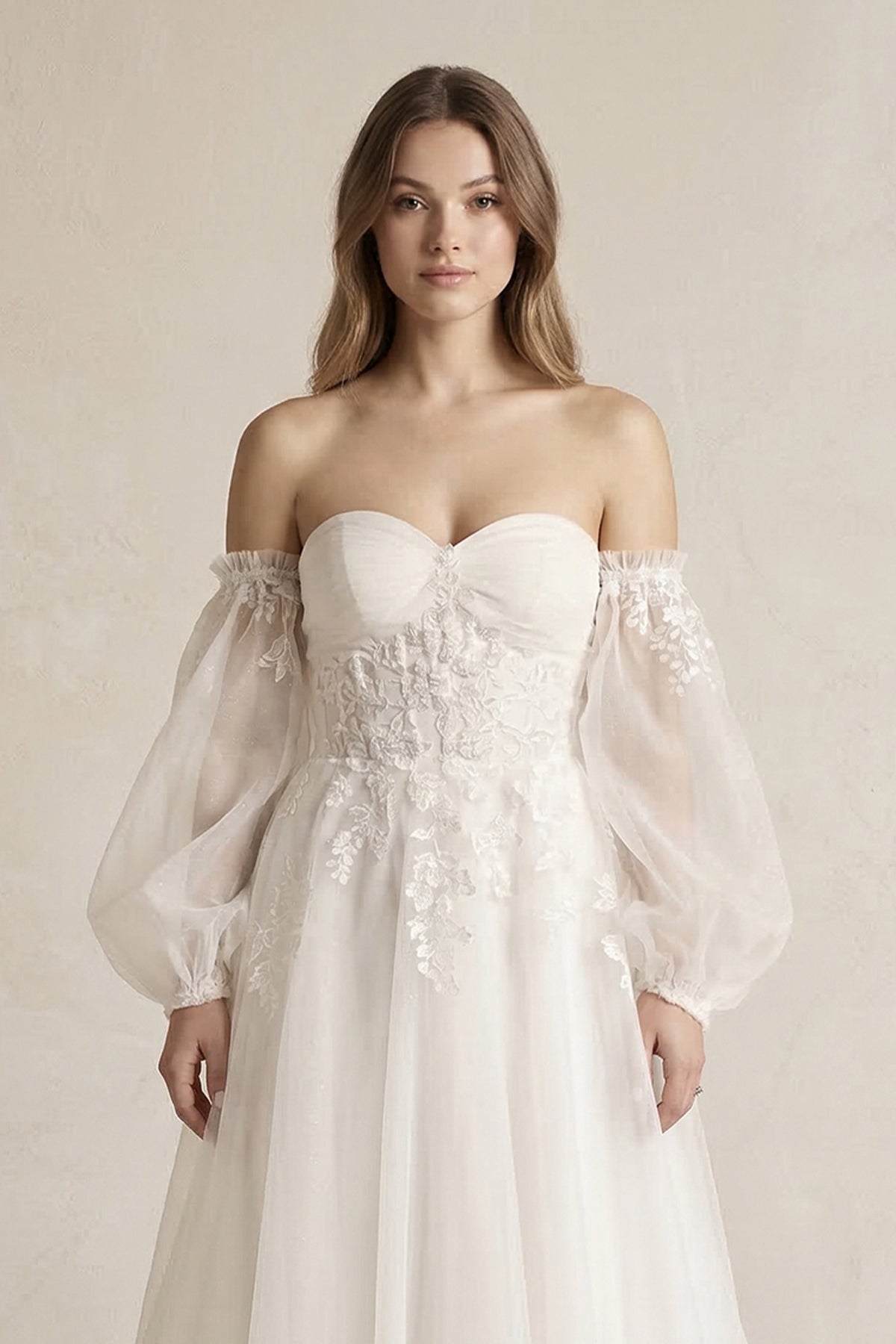 Robe de mariée blanche trapèze en tulle à épaules dénudées manches longues - Harana