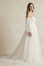 Robe de mariée blanche trapèze en tulle à épaules dénudées manches longues - Harana