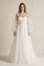 Robe de mariée blanche trapèze en tulle à épaules dénudées manches longues - Harana
