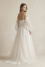 Robe de mariée blanche trapèze en tulle à épaules dénudées manches longues - Harana