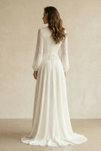 Robe de mariée blanche trapèze en mousseline à col V manches longues - Harana