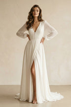 Robe de mariée blanche trapèze en mousseline à col V manches longues - Harana