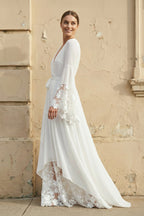 Robe de mariée blanche trapèze en dentelle à col V manches longues - Harana