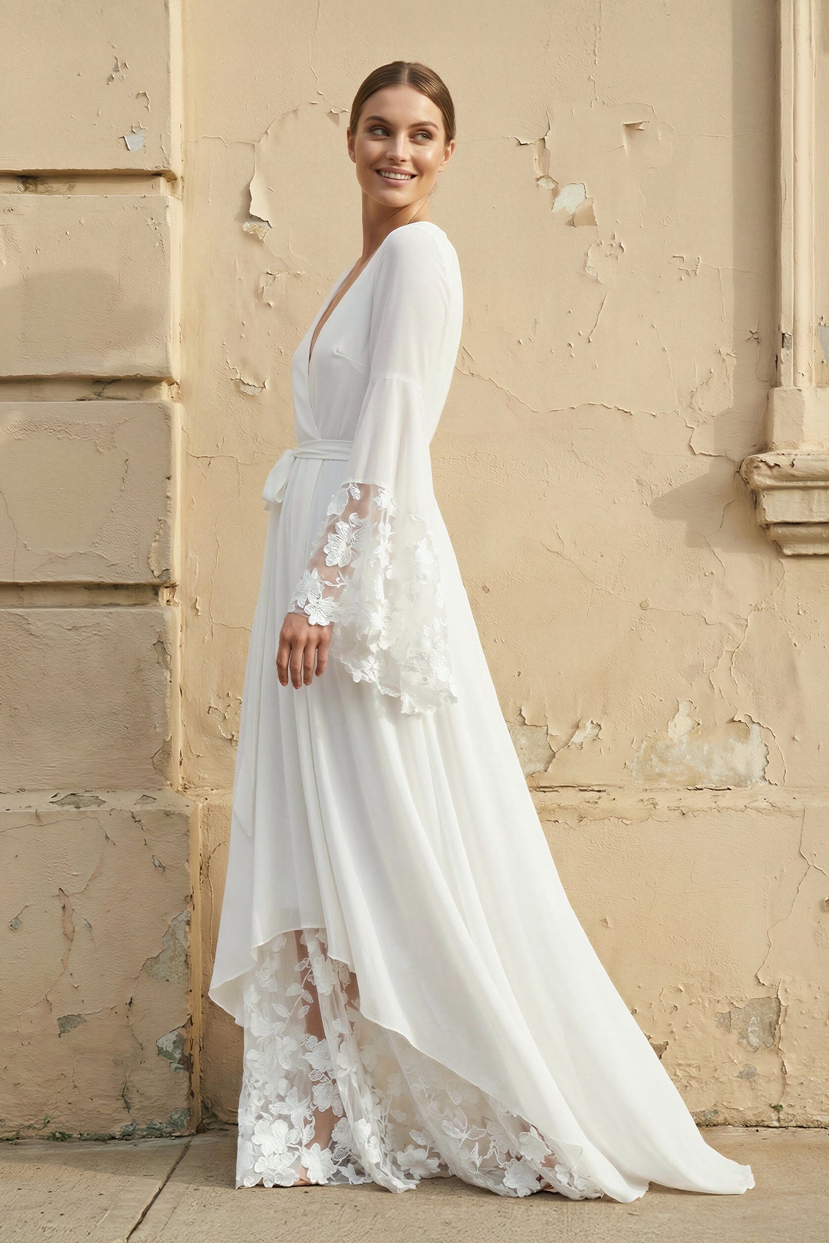 Robe de mariée blanche trapèze en dentelle à col V manches longues - Harana
