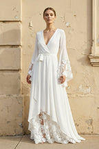 Robe de mariée blanche trapèze en dentelle à col V manches longues - Harana