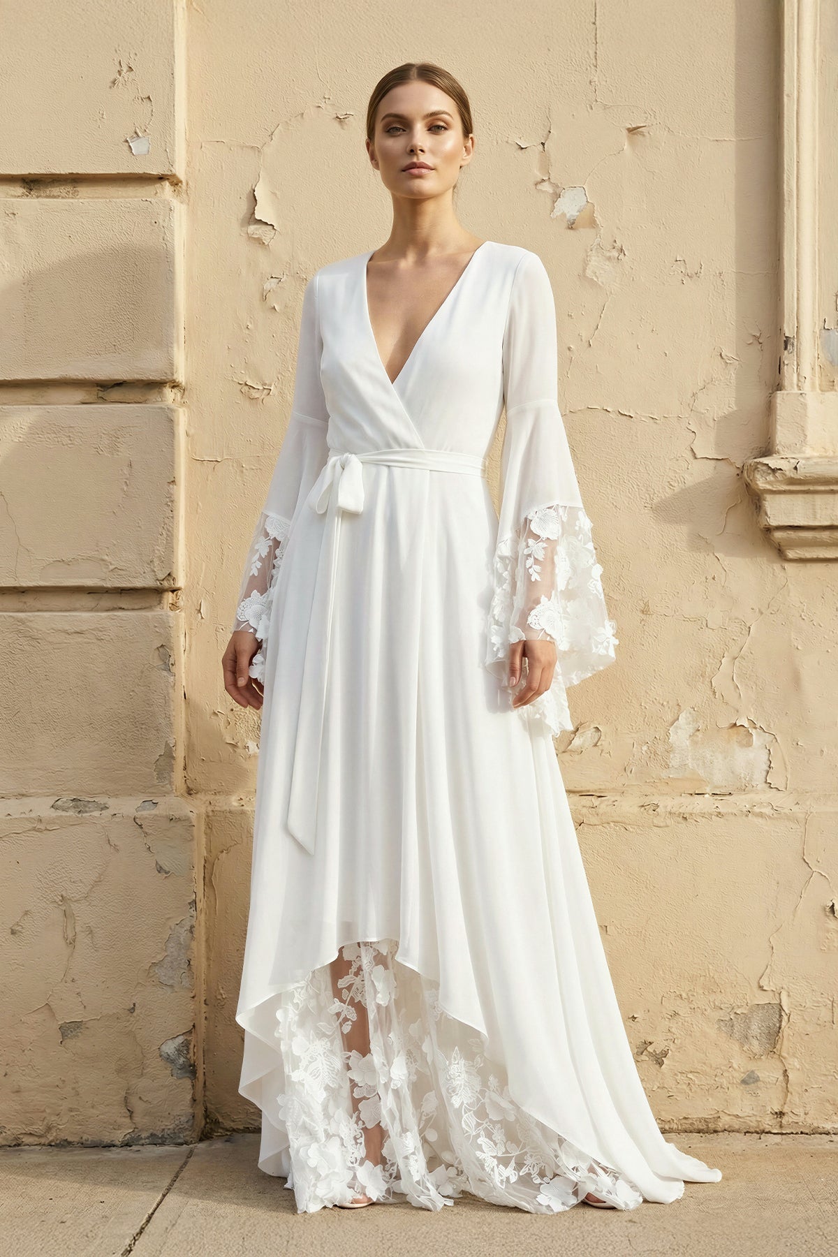 Robe de mariée blanche trapèze en dentelle à col V manches longues - Harana